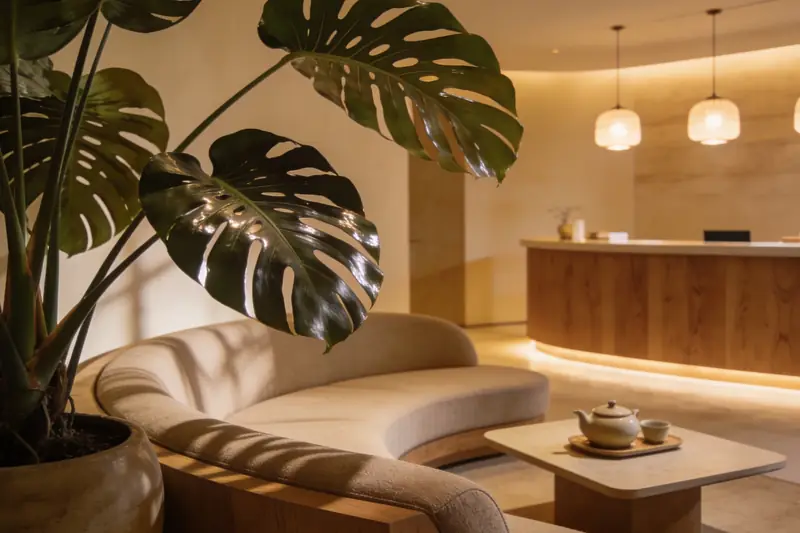 示意圖:按摩店接待大廳(AI 生成,非 LALA Nuru Massage 實景)